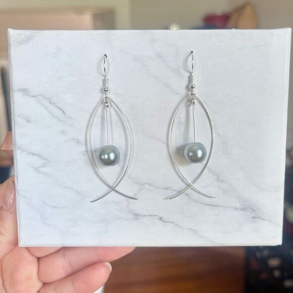 Silver Fish Earrings with Hanging Icy Blue Faux Pearl Bead - Picture 3 of 3